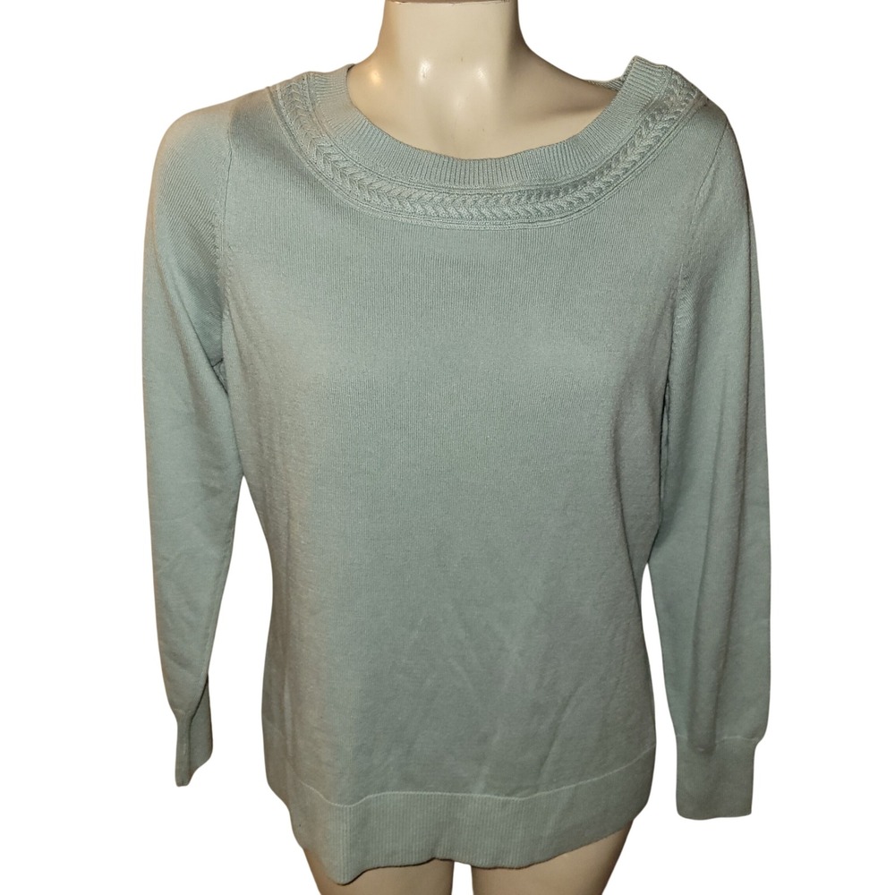 Etcetera Polar Sweater Light Blue Braided Neckline Crewneck Knit Top M luxury